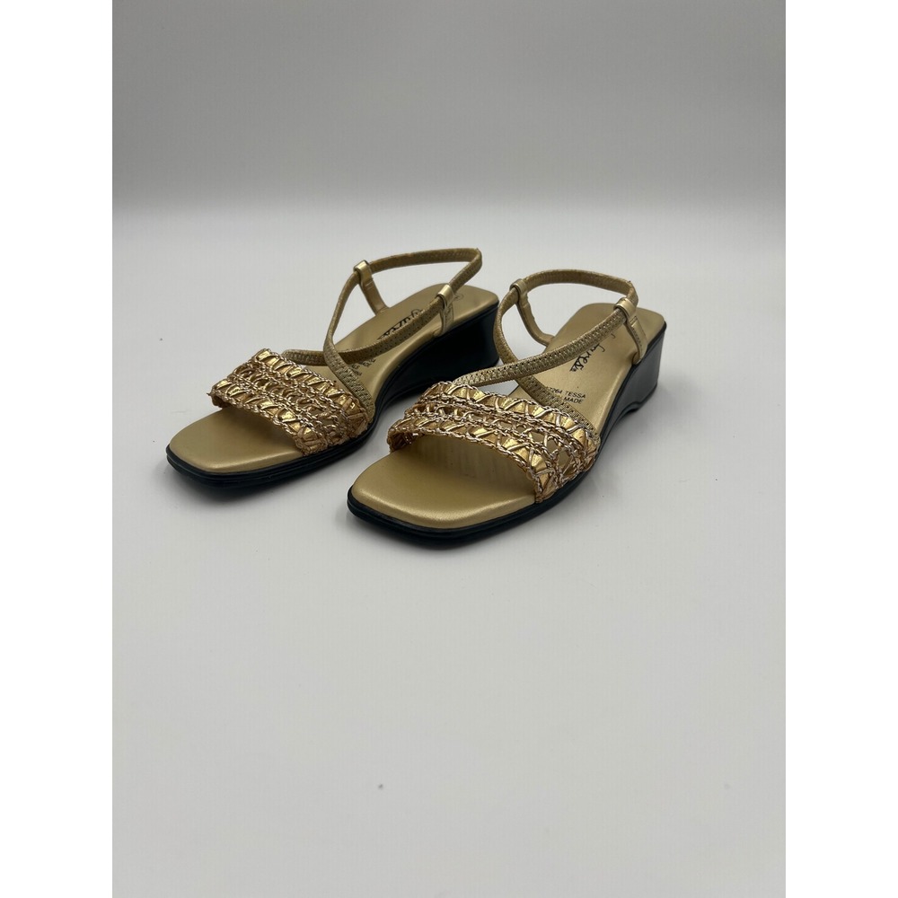 Fanfares Tessa Gold Strappy Wedge Sandals Size 5.5 Metallic Dress Shoes 5267264